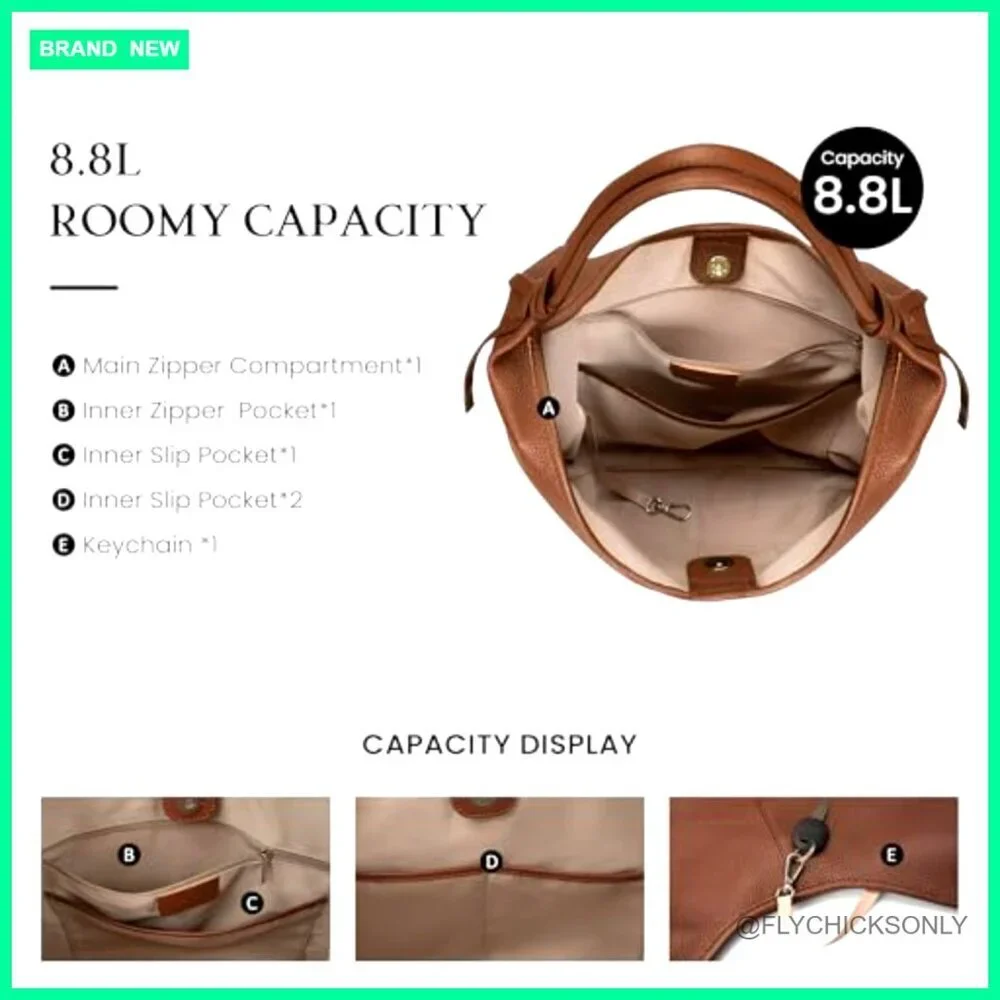 Genuine Leather Slouchy Hobo Tote Bag with Tassel Ribbon & Magnetic Closure